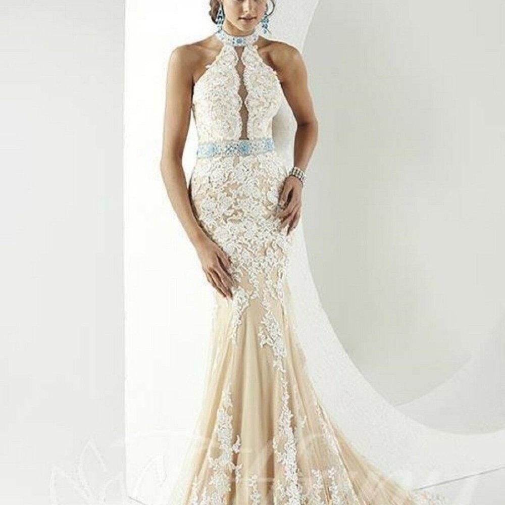 Tiffany Designs Cream Lace Halter Gown with Blue Beaded Accents